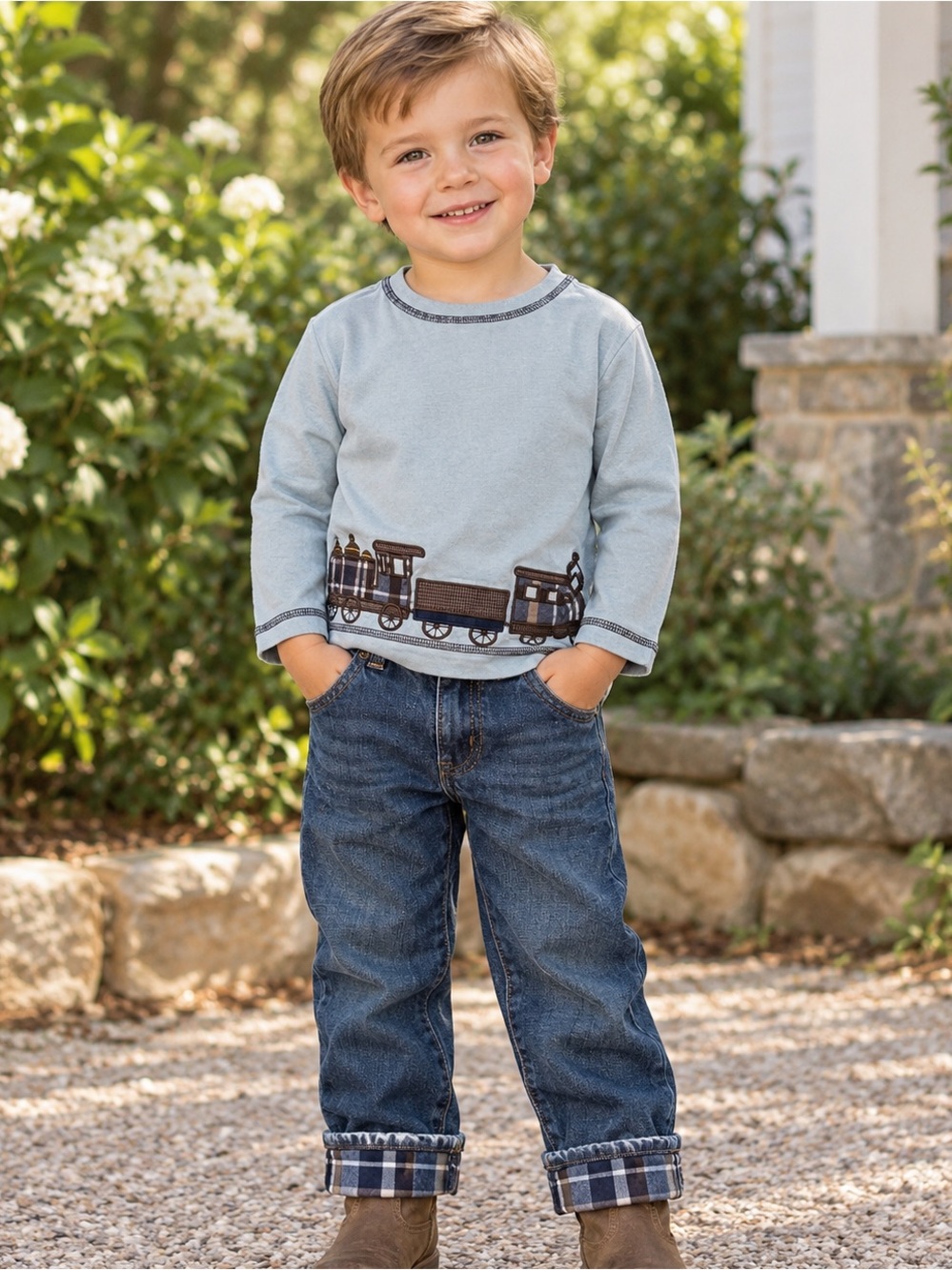 Janie and Jack size 3 matching train set jeans 3 shirts